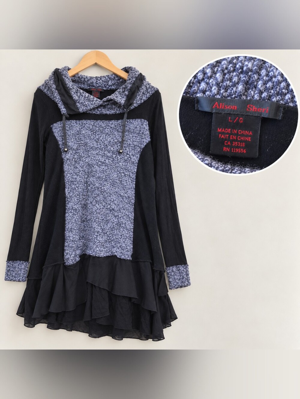 Alison Sheri Gray & Black Knit Hooded Ruffle Tunic Dress